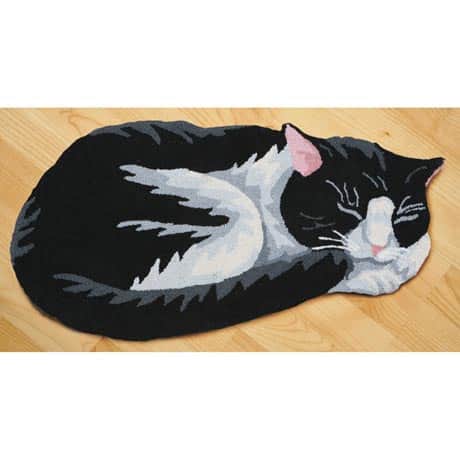 Cat Accent Rug Black and White Hand Hooked