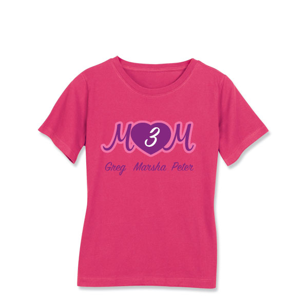 Product image for Personalized Mom's Pink Heart Cursive Number of Kids Shirt - Mother's Day Gift