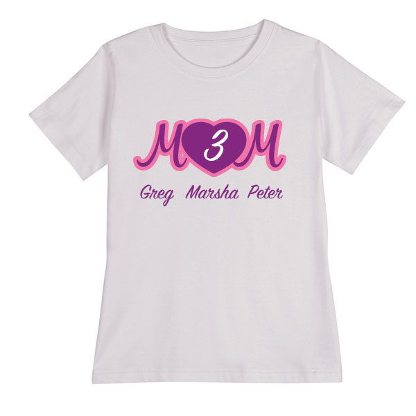 Product image for Personalized Mom's Pink Heart Cursive Number of Kids Shirt - Mother's Day Gift