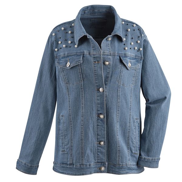 oversized denim jacket with pearls