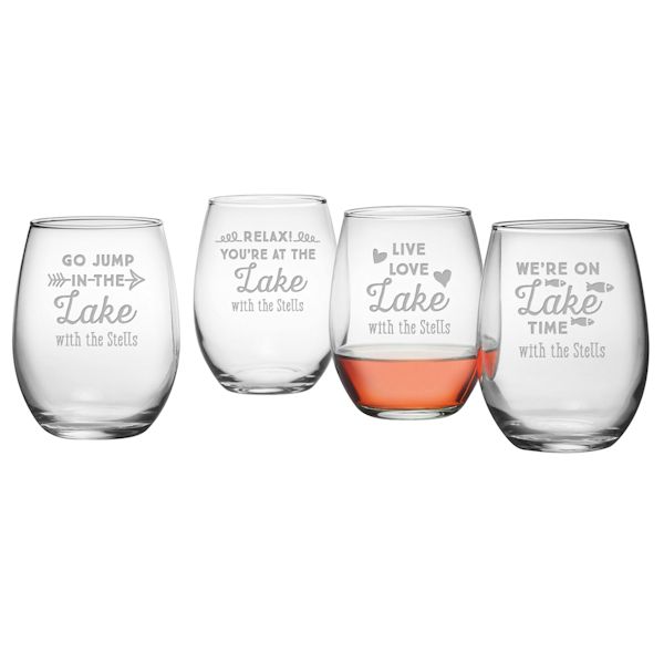 Product image for Personalized Lake House Stemless Wine Glasses - Set of 4