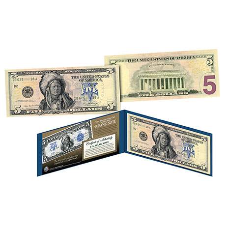 Product image for American Indian Chief, 1899 Running Antelope, New $5 Dollar Bill Banknote
