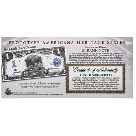 American Bison 1899 Black Eagle On Modern Genuine US $1 Bill