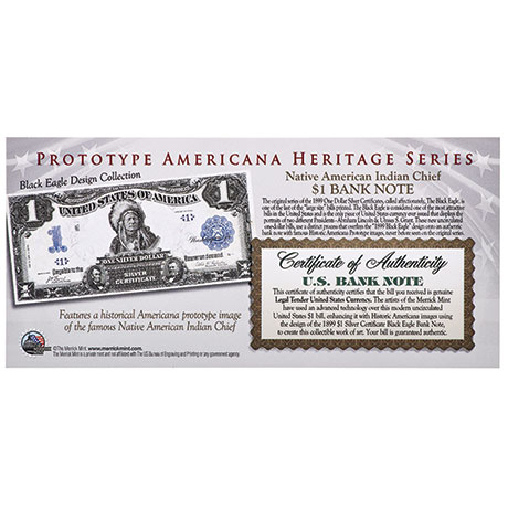 Native American Chief 1899 Black Eagle On Modern Genuine US $1 Bill