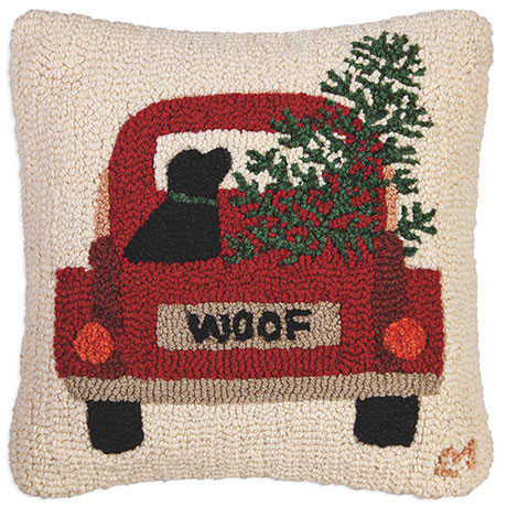Product image for Christmas Black Lab In Car Hand Hooked Wool Dog Pillow 18' X 18'