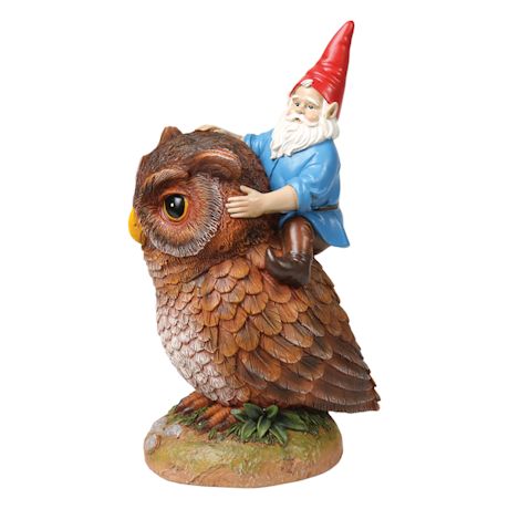 Owl-Rider Gnome Garden Sculpture