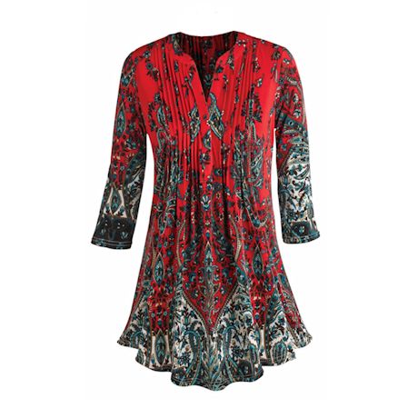 Pleated Red Paisley Tunic Top