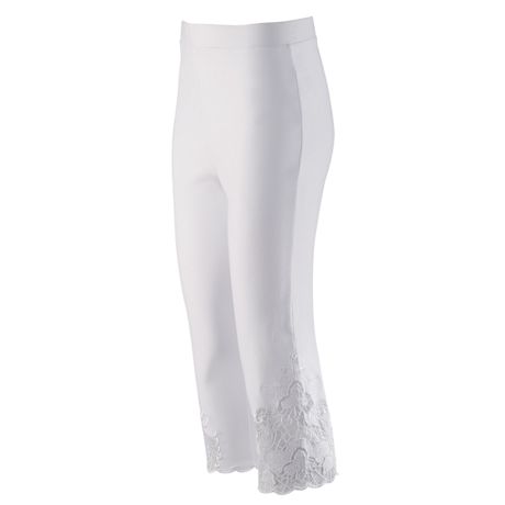 Stretch Capri Pants - Lace Cut Out Side Accents With Scalloped Hemline