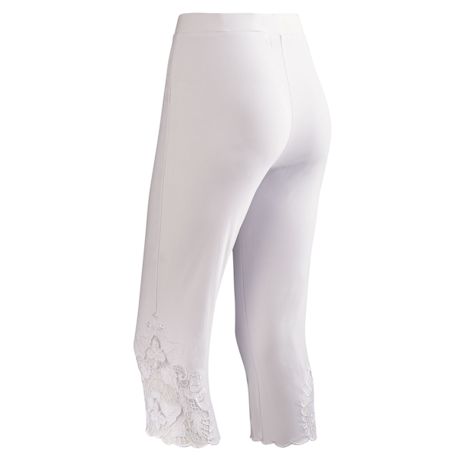 Stretch Capri Pants - Lace Cut Out Side Accents With Scalloped Hemline
