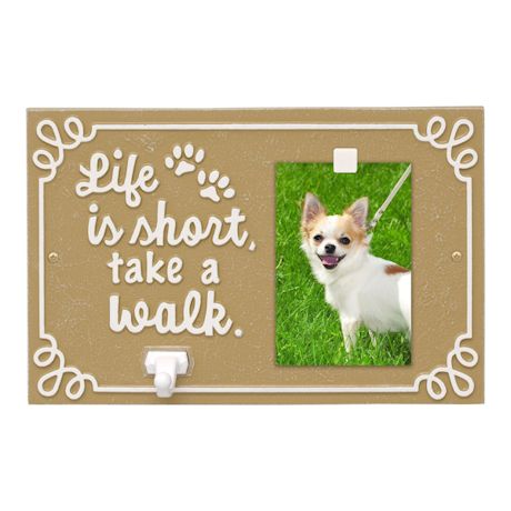 Whitehall Life is Short Take a Walk Pet Photo Wall Plaque with Leash Hook - Keepsake Animal Paw Print Sign