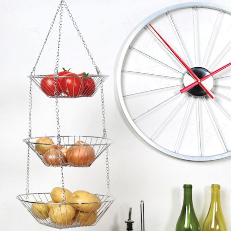 Home District 3-Tier Chrome Hanging Fruit Basket - Adjustable Graduated Wire Food Storage Bowls
