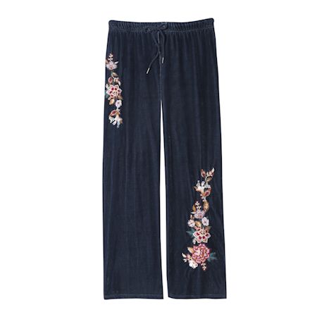 Women's Velvet Pants Embroidered Floral Pants Soft Graphic Sweatpants