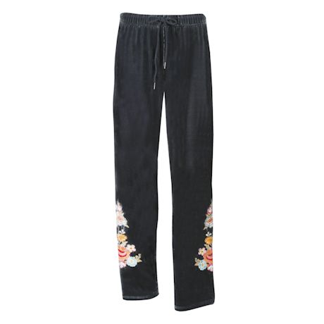 Women's Velvet Pants Embroidered Floral Pants Soft Graphic Sweatpants
